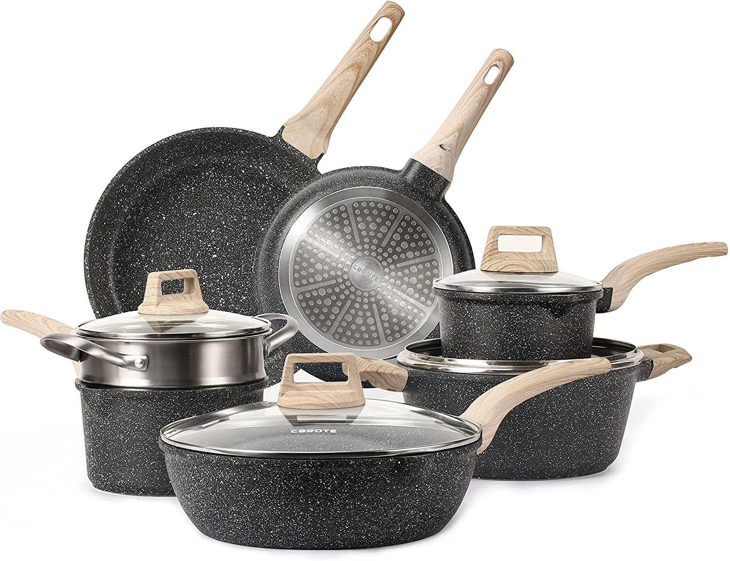 Carote Non-Stick Granite Cookware Sets,11-Piece Frying Pan and Pot Set ...