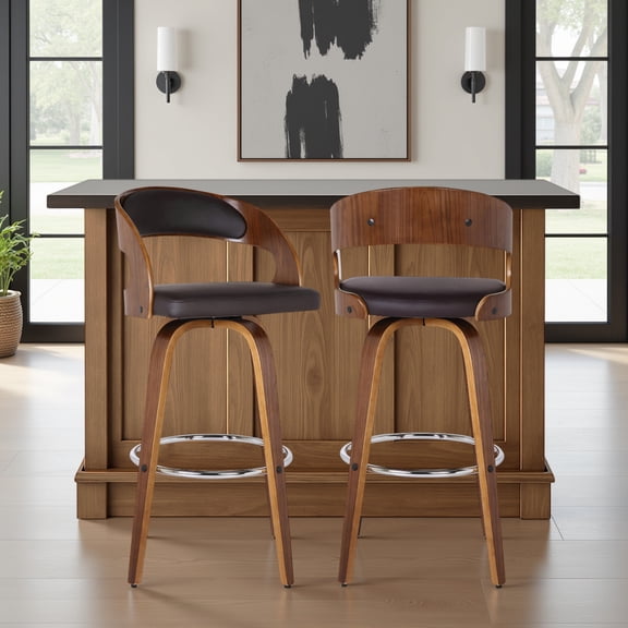 Shelly 30" Bar Height Swivel Brown Faux Leather and Walnut Wood Bar Stool - Set of 2