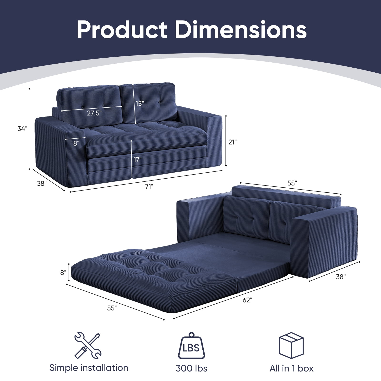 ZAFLY 2 in 1 Convertible Loveseat, Futon Sleeper Sofa Bed, Floor Couch for Small Space - Blue