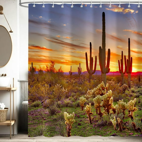 Saguaros Shower Curtain, Western Landscape Sunset Desert Cactus Bathroom Curtains, Natural Scene Waterproof Polyester Fabric Shower Curtain Sets with Hooks 54"W x 78"L (Pack of 1)