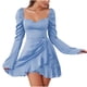 thumbnail image 2 of Puntoco Vestido De Manga Corta Con Cuello En V, Vestido Estampado Con Cuello En V De Manga Larga De Verano Para Mujer Azul S, 2 of 6