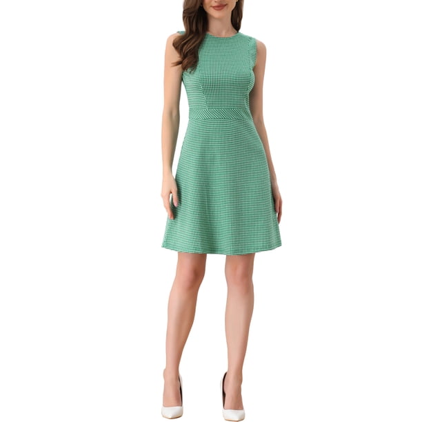 INSPIRE CHIC Women's Houndstooth Plaid Above Knee Sleeveless Fit and Flare Dresses L Green
