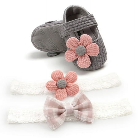 

Baby Girl Anti-Slip Casual Flower Shoes Newborns Soft Soled Crib Shoes+ Headbands Sets Gray