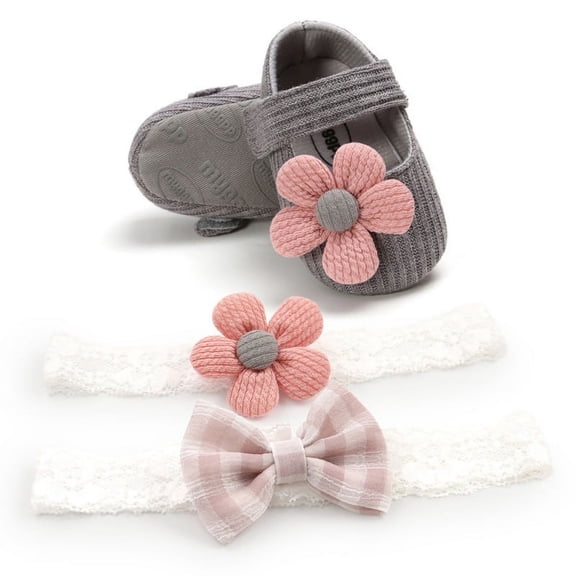 Baby Girl Anti-Slip Casual Flower Shoes Newborns Soft Soled Crib Shoes Headbands Sets, Gray