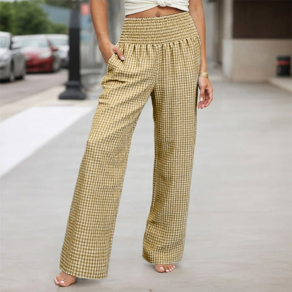 Women's Casual Pants Elegant Loose Fit Plaid Straight Leg High Stretch Comfortable Trousers for Everyday Activities and Wear