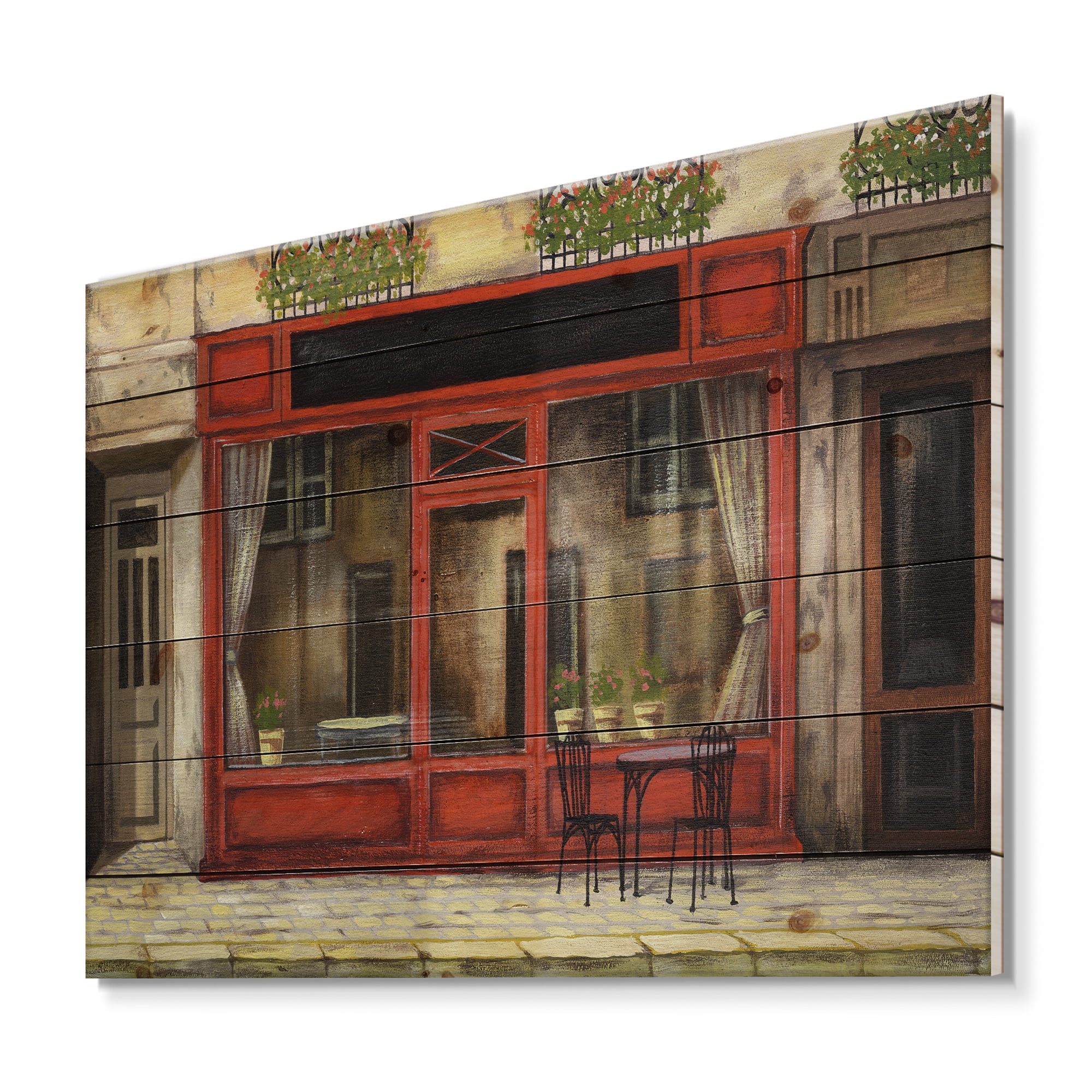 Designart 'Red Facade of Charming Shop In Paris Street I' French Country Print on Natural Pine Wood