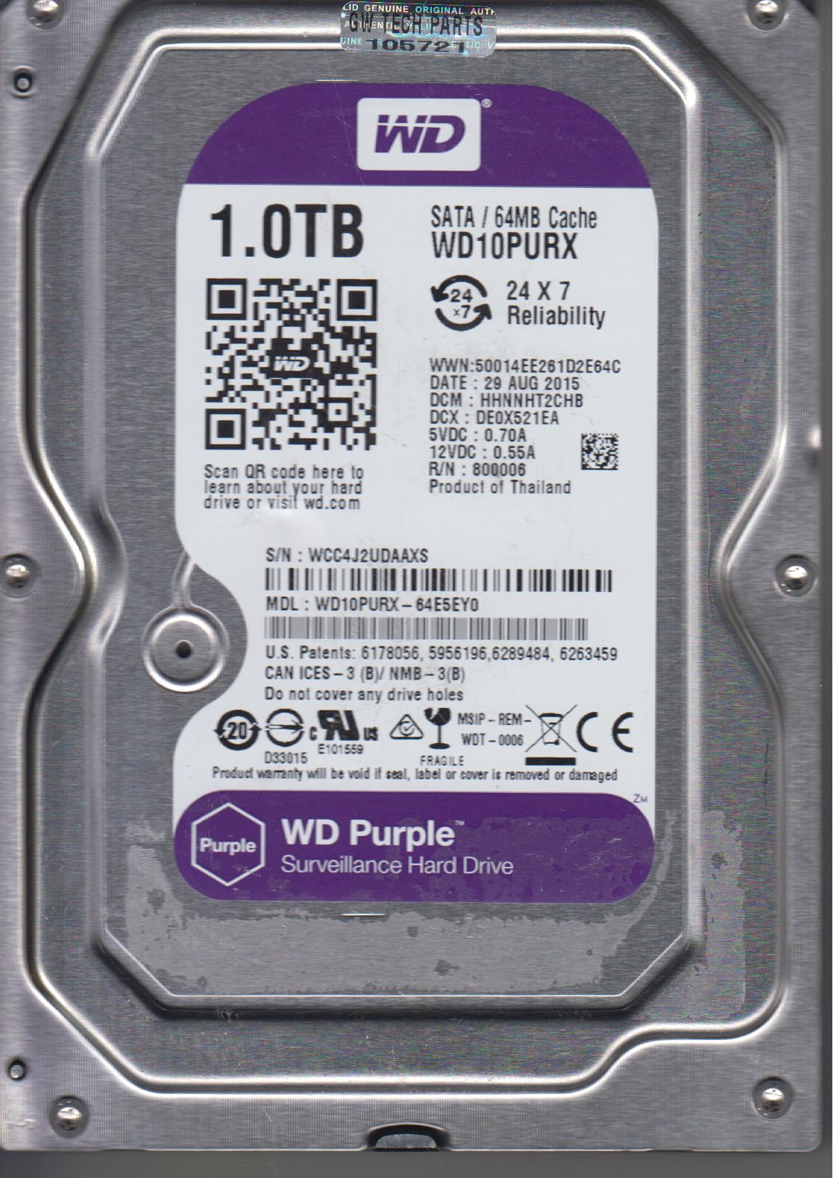 WD10PURX64E5EY0, DCM HHNNHT2CHB, Western Digital 1TB SATA 3.5 Hard