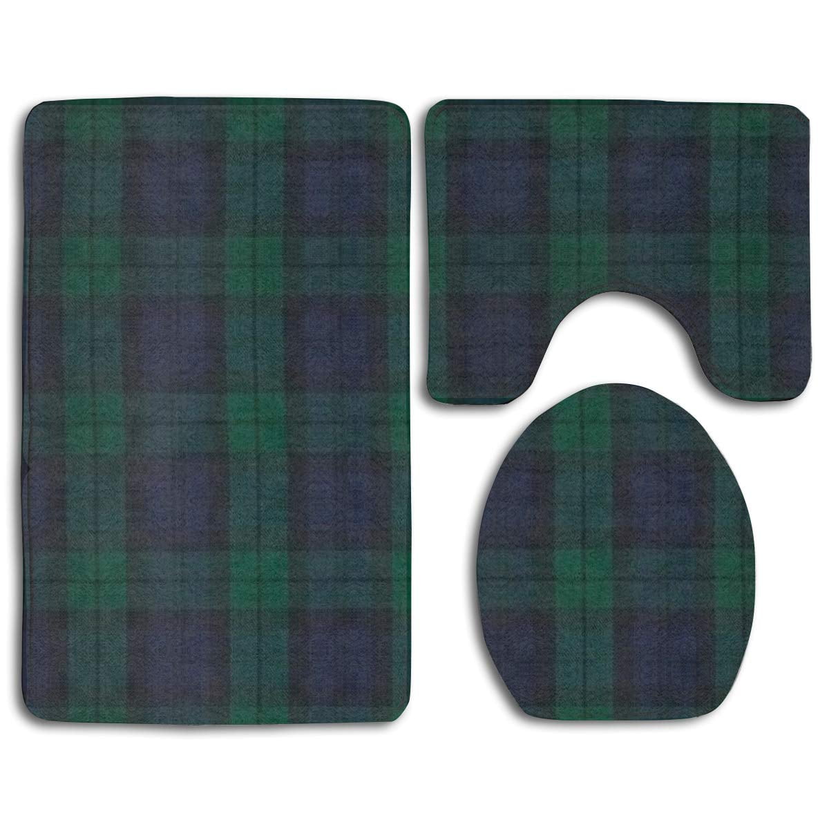 CHAPLLE Deep Blue Green Plaid 3 Piece Bathroom Rugs Set Bath Rug