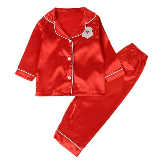 Gyratedream 2-9T Toddler Little Girl Boy Satin Silk Christmas Santa Graphic Long Sleeve Button Down Tops Pants Pajamas Set