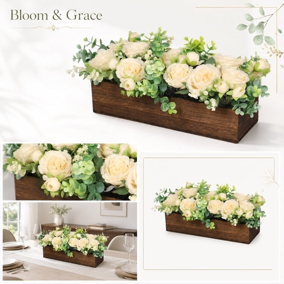 Faux Peony & Eucalyptus Centerpiece in Wooden Box, 17.72 Inch Artificial Floral Arrangement for Dining Table & Wedding Decorations