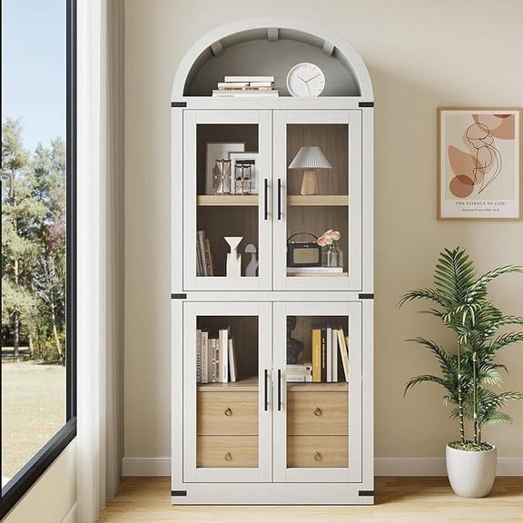 Arched Pantry Cabinet with Doors ,Wood Bookcase with 2 Drawers Modern Display Storage Cabinet for Kitchen, Dining Room,White