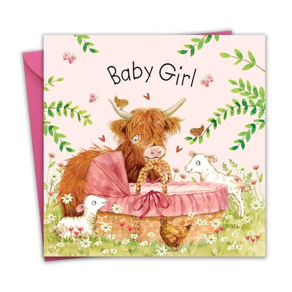 Twizler Baby Girl Card - Highland Cow - New Baby Girl Card - Newborn Shower - Mum To Be - Dad To Be