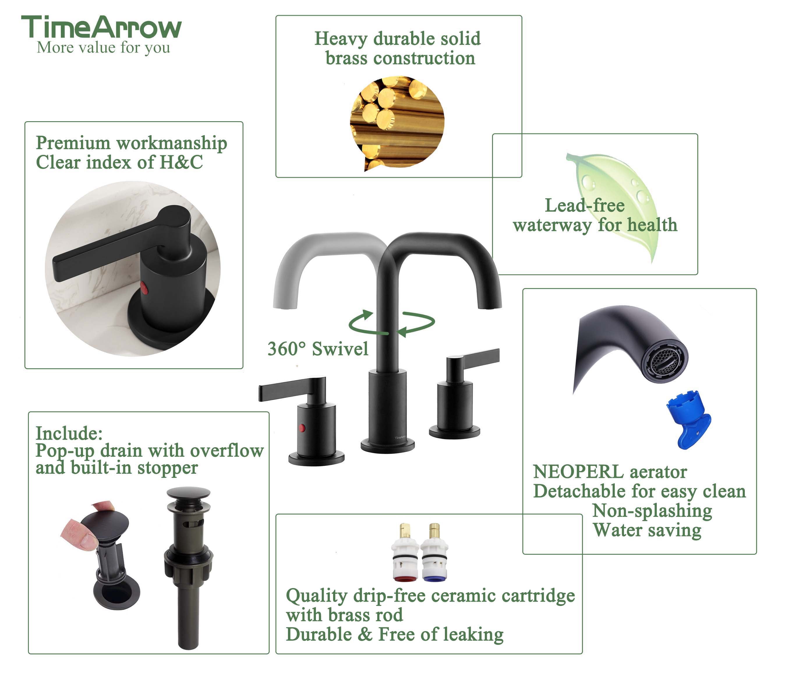 Matte Black 8 inch Widespread Bathroom Sink Faucet Vanity Lavatory Faucet for 3 Holes with Pop up Drain and 360 Degree Swivel Brass Spout