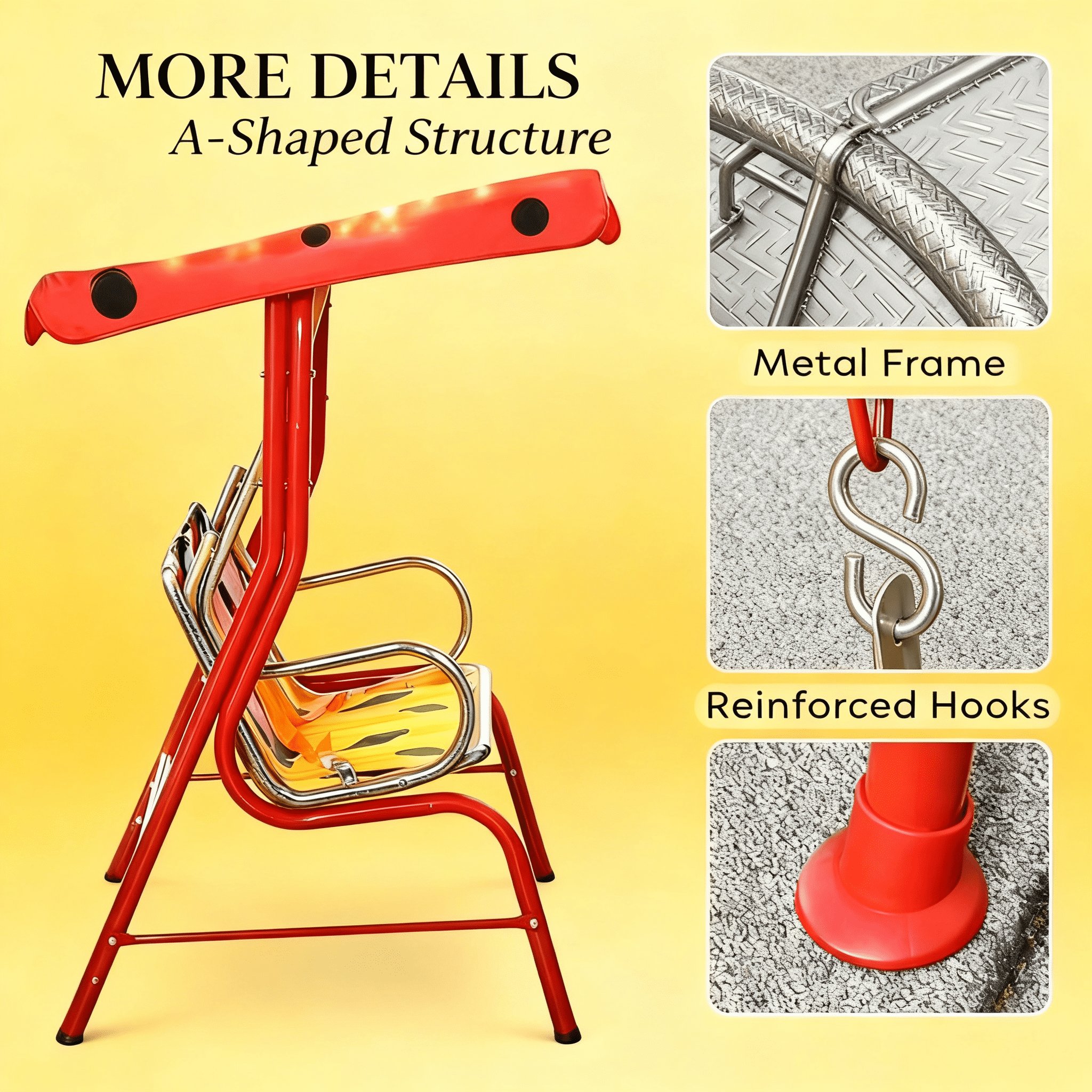 Red Double Seat Kids Swing Chair with Adjustable Canopy, Heavy-Duty Steel Frame Swing for 3-6 Years Old, 132 lbs Capacity, Outdoor/Indoor Use