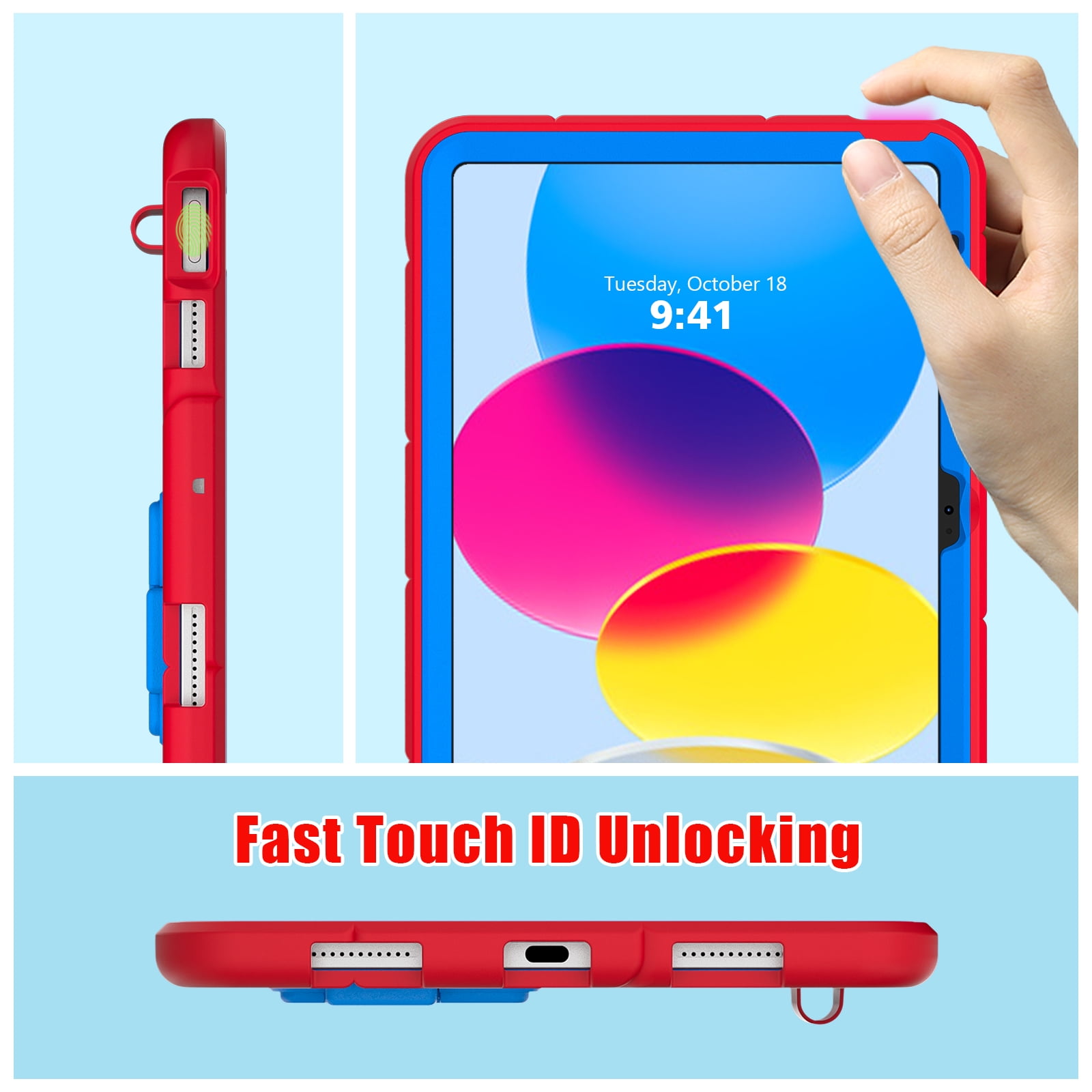 for 2022 10.9 inch iPad 10 th Generation Case with Pencil Holder & Stand, Handle Design Heavy Duty Shockproof Rugged 10.9" 10 Gen Cover for Kids Boy Children, Red+Blue