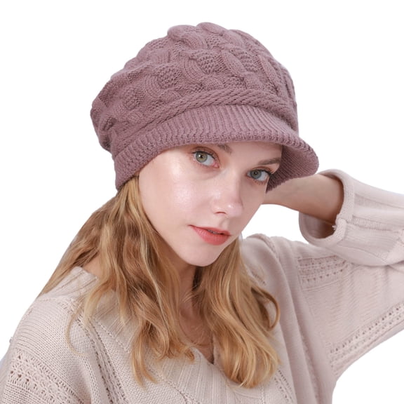 Winter Hats for Women Unisex Winter Beanie Warm Fleece Lined Hats for Women with Brim Double-layer Knit Hat Warm Windproof Cap Knit Chunky Cap Winter Cap with Soft Fleece Knit Hat Purple One Size