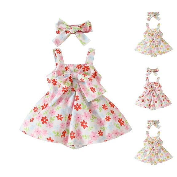 Summer Baby Girls Clothing Agkizg Baby Girls Bodysuits, Baby Girls Sleeveless Rompers, Baby Girl Sleeveless Bow Jumpsuit Flower Print Skirt Newborn Jumpsuit headscarf 2-piece Set