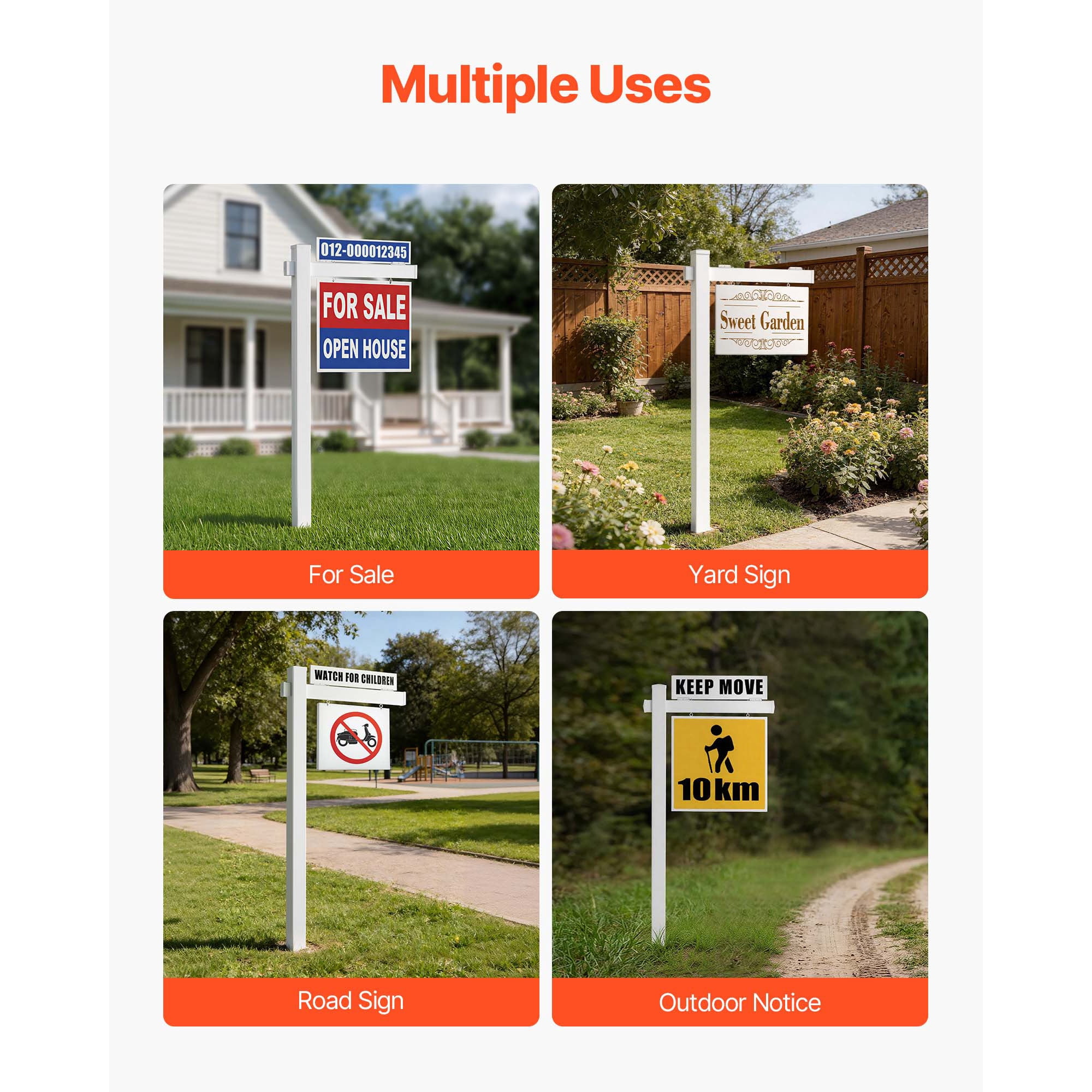 KFFKFF 6 ft Tall PVC Real Estate Sign Post with 36 in Arm, Durable Yard Sign Holder for Outdoor Use, Easy Installation, Wind-Resistant, Suitable for Open Houses, Homes, and Roads, White (No Signs)