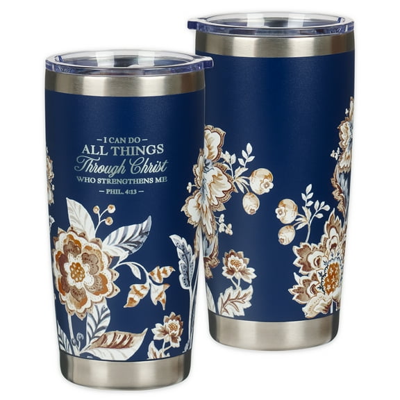 Christian Art Gifts Stainless Steel Scripture Tumbler Travel Mug for Women: All Things Through Christ Inspirational Bible Verse, Double-wall Vacuum Insulated w/Lid, Hot/Cold, Navy Blue Floral, 18oz.