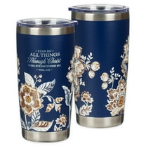 Christian Art Gifts Stainless Steel Scripture Tumbler Travel Mug for Women: All Things Through Christ Inspirational Bible Verse, Double-wall Vacuum Insulated w/Lid, Hot/Cold, Navy Blue Floral, 18oz.