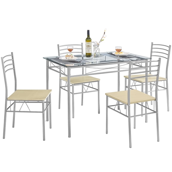 VECELO Javlergo 5 Piece Dining Table Set Tempered Glass Table and 4 Chairs for Kitchen Dining Room