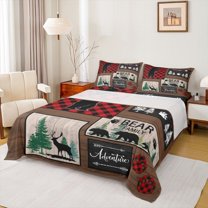 Homewish Wildlife Bear Family Queen Sheet Sets, Vintage Rustic Plaid Flat Sheet, Countryside Queen Fitted Sheet,Luxury Bedroom Decor, 4 Pieces