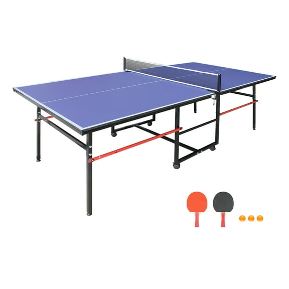 8ft Mid-Size Table Tennis Table Foldable & Portable Ping Pong Table Set for Indoor Games with Net, 2 Table Tennis Paddles and 3 Balls