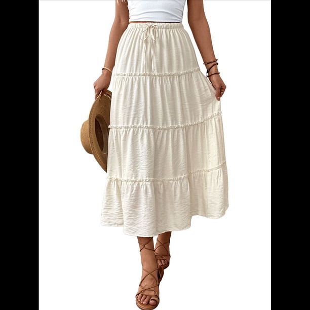 Falda Larga Informal Elegante de Verano para Mujer, con , Cintura Alta, Corte A, Holgada y Bolsillos L