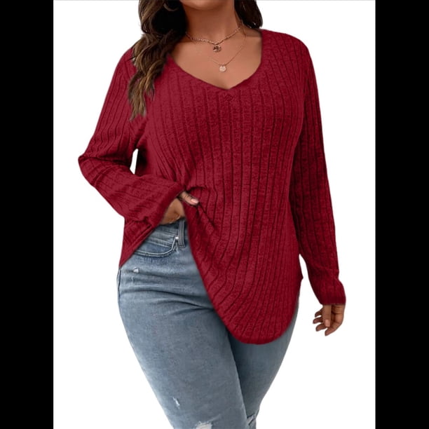 Suéter Informal de Punto con Cuello en V y Larga para Mujer, Talla Grande Vino Tinto 4XL