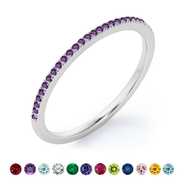 Anillo de bodas clásico JeenMata con detalles pavé de 0,25 quilates de corte redondo, piedra de nacimiento de febrero, chapado en oro blanco