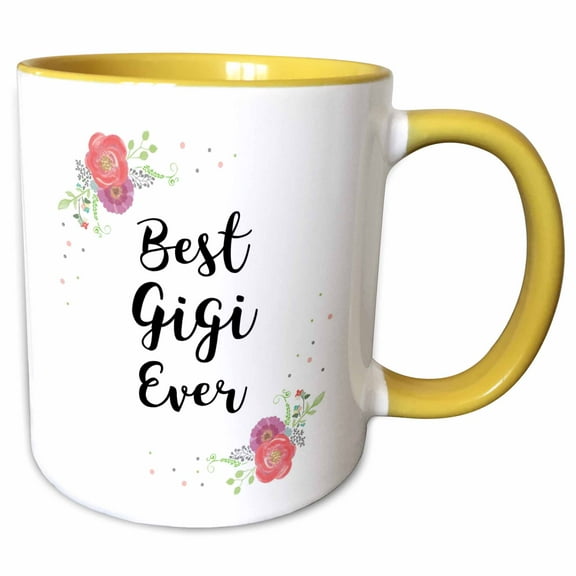 3drose, Floral Best Gigi Ever Pretty Watercolor Pink Flowers Grandma Love, 15oz Two-tone Yellow Mug