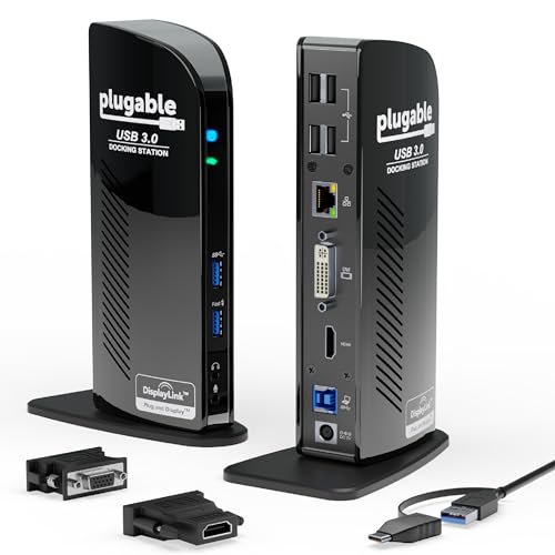 Plugable Station d'Accueil Universelle pour Portable USB 3.0, Moniteur Double HDMI pour Windows et Mac, USB 3.0 Ou USB-C, (Double Vidéo : HDMI et HDMI/DVI/VGA, Ethernet Gigabit, Audio, 6 Ports USB)