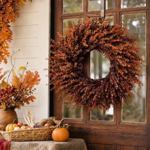 Fall Wreath, Fall Gradient Eucalyptus Wreaths for Front Door, Fall Decoration - 17.72" Artificial Autumn Wreath, Seasonal Touch Decor for Thanksgiving, Farmhouse, Wall, Indoor & Outdoor Home, Ccwuwei