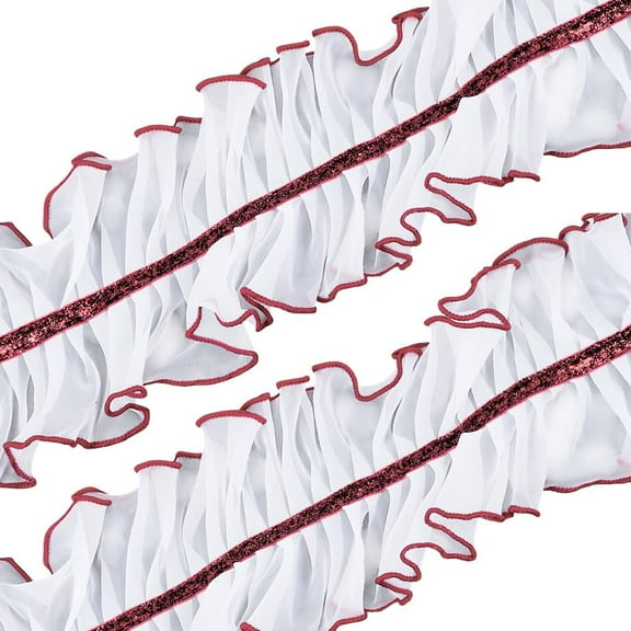 4 Inch Wide White Ruffled Pleated Lace Trim Red Double Ruffle Gathered Edge Ribbon Glitter Organza Chiffon Fabric Applique Trimming for Sewing Making Crafts Clothes Dresses Wedding Decor Diy for DIY