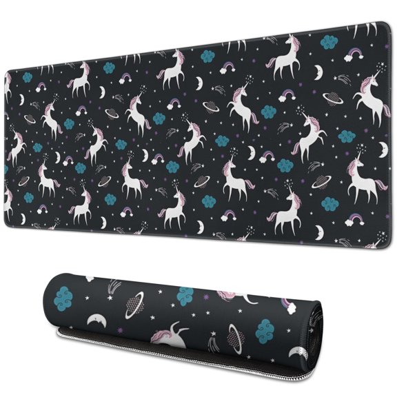 Long Mouse Pads for Desk,Black Cartoon Unicorn Moon Star Pattern Desk Mats on Top Of Desks, Desk Mouse Pad Extra Large with 3mm Non-Slip Base and Stitched Edge for Gaming,Office,Work,Home 31.5"x11.8"