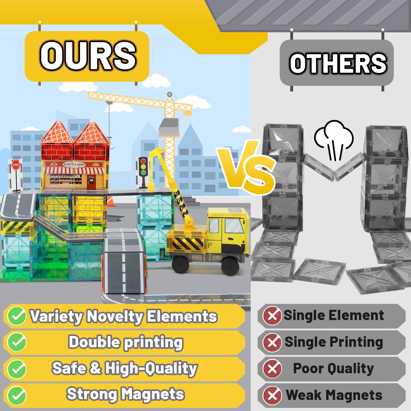 LionFuny 70Pcs Magnetic Tiles Magnetic Building Blocks, Building Toys for Kids Ages 3-5 4-8 8-12 Toddlers STEM Preschool Toy Boys Toys, City Construction Toys Set with 2 Cranes Train Tracks Road Car