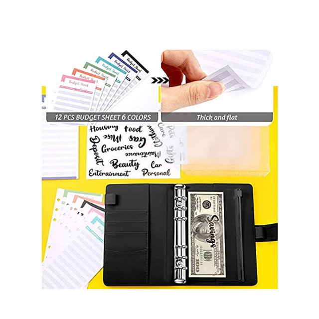 Carpeta A6 de piel sintética, carpeta de documentos multifuncional con 12 bolsillos transparentes con cremallera, para presupuestos, sobres de dinero, organizador de ahorro (negro) LingWen 8390612312311