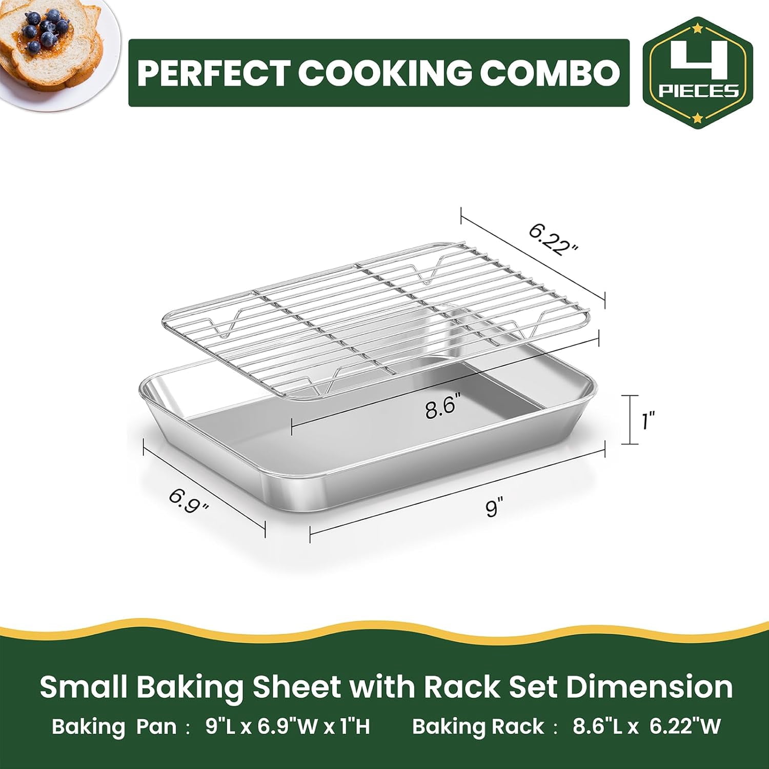Small Baking Sheet & Rack Set (2 Baking Pans + 2 Baking Racks), Stainless Steel Cookie Sheet & Cooling Rack, Nonstick Baking Tray, Non Toxic & Heavy Duty & Easy Clean, Size 9 x 7 x 1 Inch