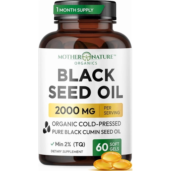 Mother Nature Organics Cold Pressed Black Seed Oil 2000mg - 60 Softgel Capsules - Immune Health, Non-GMO