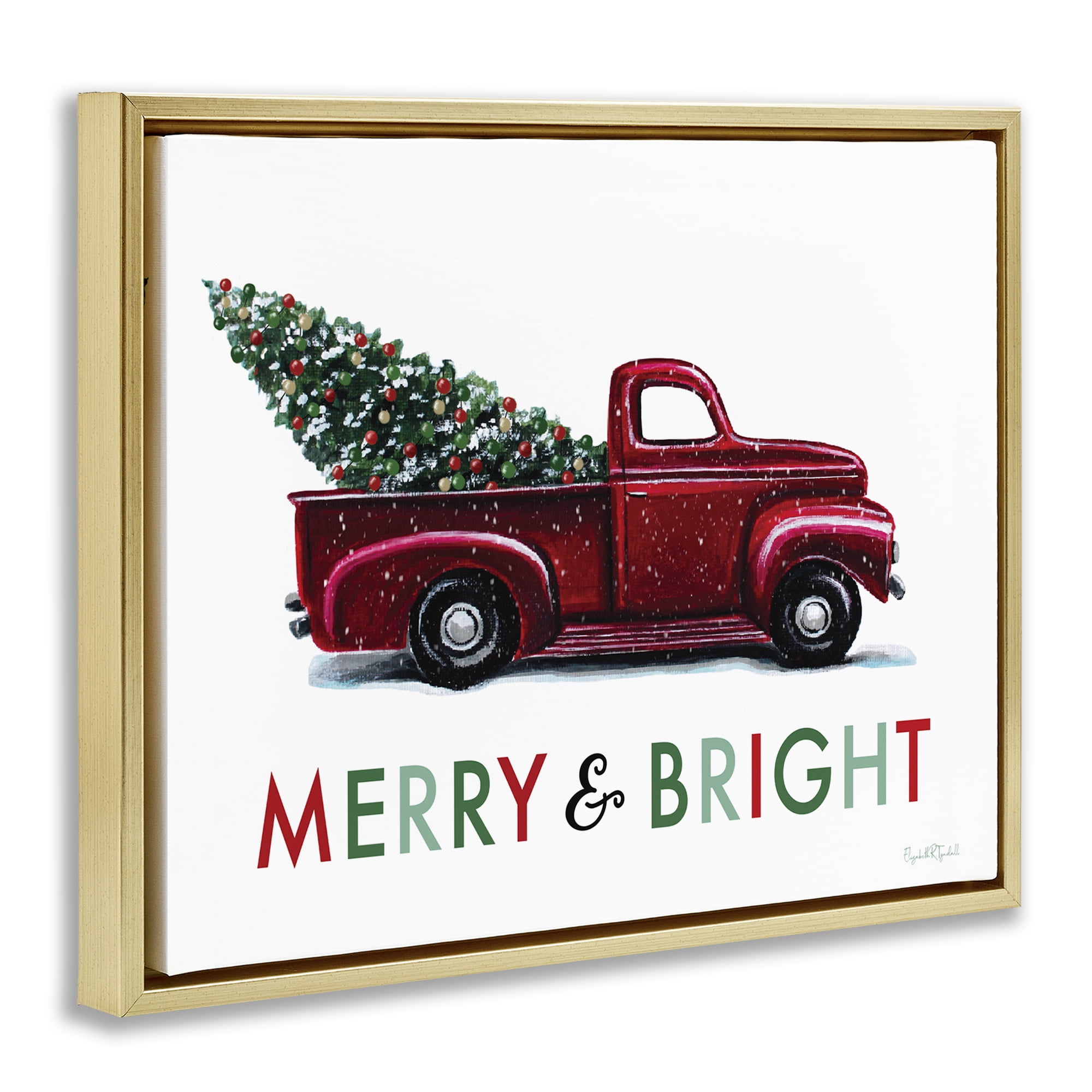 Stupell Industries Merry Bright Christmas Truck Holiday Painting Gold Floater Framed Canvas Art Prints Wall Art, 31 x 25