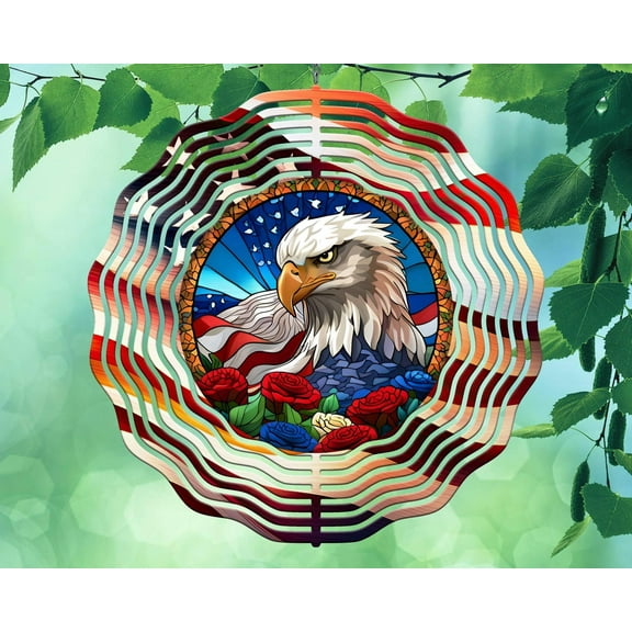 10 Inch Eagle Roses USA Flag Stained Glass Look Hanging Wind Spinner Yard Decor Aluminum Sublimated Garden Art Indoor Outdoor 3D Kinetic …