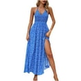 thumbnail image 2 of Wycnly Summer Dresses for Women Sundresses for Women Pleated Slit Swing Elastic Waist Beach Spaghetti Strap Maxi Dress Girls Elegant Floral V-Neck Sleeveless Long Sun Dresses, 2 of 7