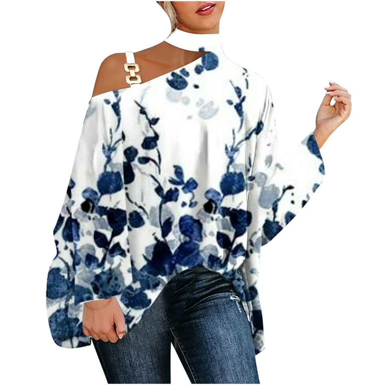 RQYYD Metal Strap Cold Shoulder Tops for Women Long Batwing Sleeve Halter  Neck Casual Floral Printed Shirts Loose Fit Tops Blouse (White,L) 