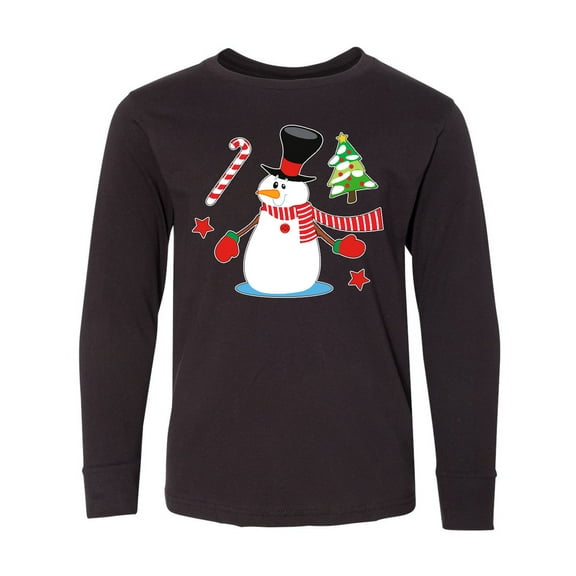 Inktastic Top Hat Snowman with Christmas Tree and Candy Cane Long Sleeve Youth T-Shirt