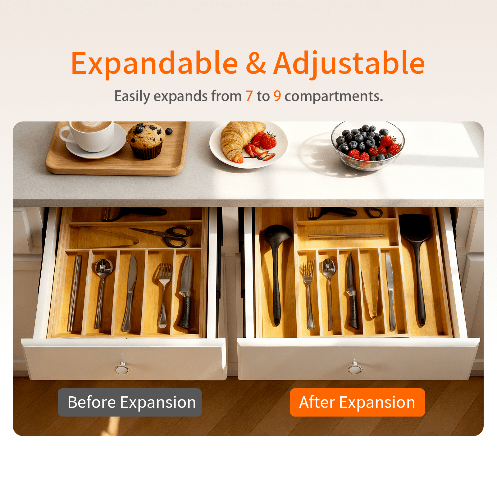 Bamboo Drawer Organizer Expandable 12.6” to 20” Wide, 9 Slot Silverware & Utensil Organizer Tray, Cutlery Drawer Dividers for Flatware, Knives, Spoons (Natural)