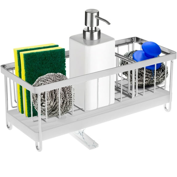 Sink Sponge Holder,Dish Sponge Drain Rack,Stainless Steel Kitchen Sink Caddy Organizer with Compartment,Dish Soap Dispenser Brush Holder for Brush Countertop