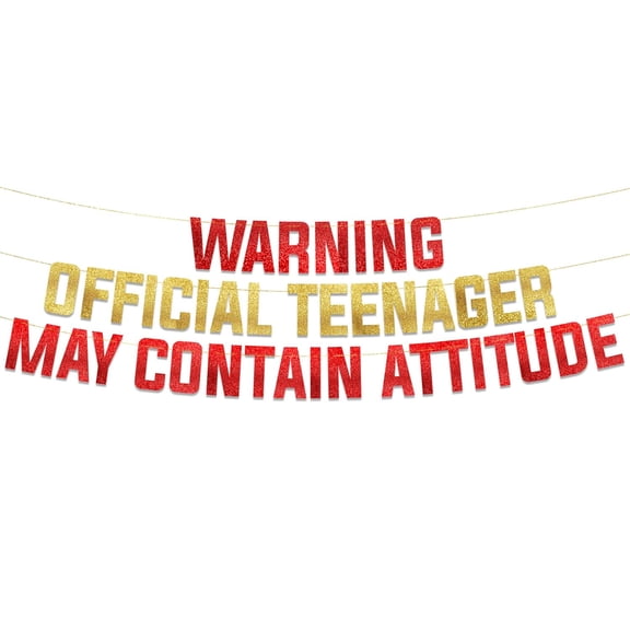 Warning Official Teenager May Contain Attitude Gold Glitter Banner - 13th Birthday Party Supplies, Ideas, Gifts and Decorations