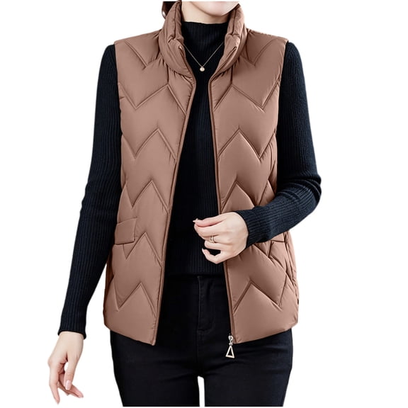 uublik Puffer Vest Women Coffee Lightweight Quilted Sleeveless Stand Collar Zip Up Winter Jackets