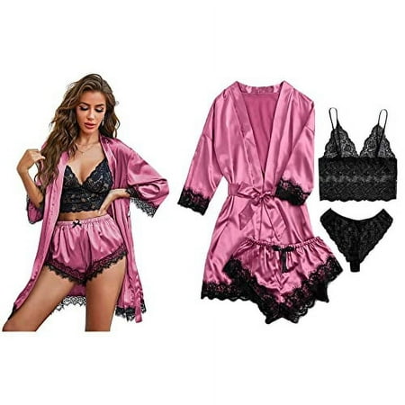 Ciana Women s 4 Piece Lace Satin Pajama Lingerie Set w/Bra  Panties  Robe  Shorts (Magenta  XXL)