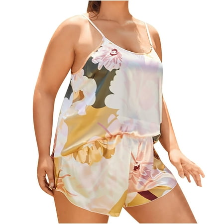 

Women s Plus Size Satin Pajamas Set Sleepwear Sexy Lingerie Cami Shorts Set Nightwear Print Casual Loose Pajamas